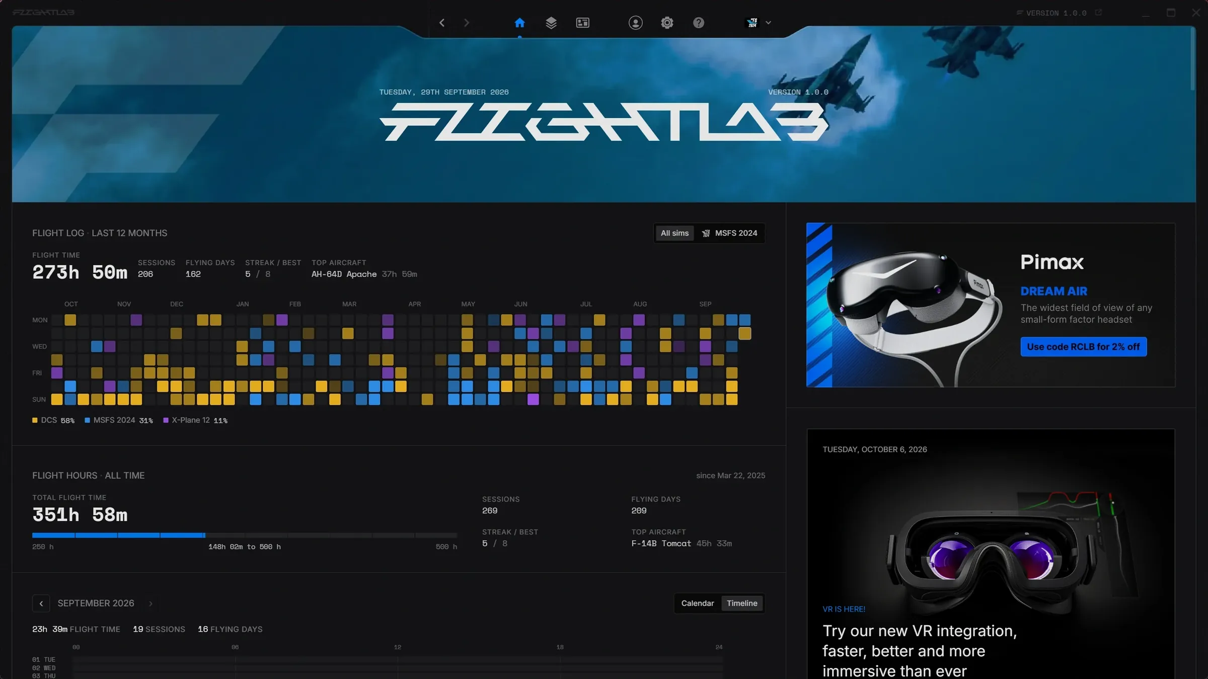The FlightLab app: flight log heatmap, flight hours and news on the dashboard