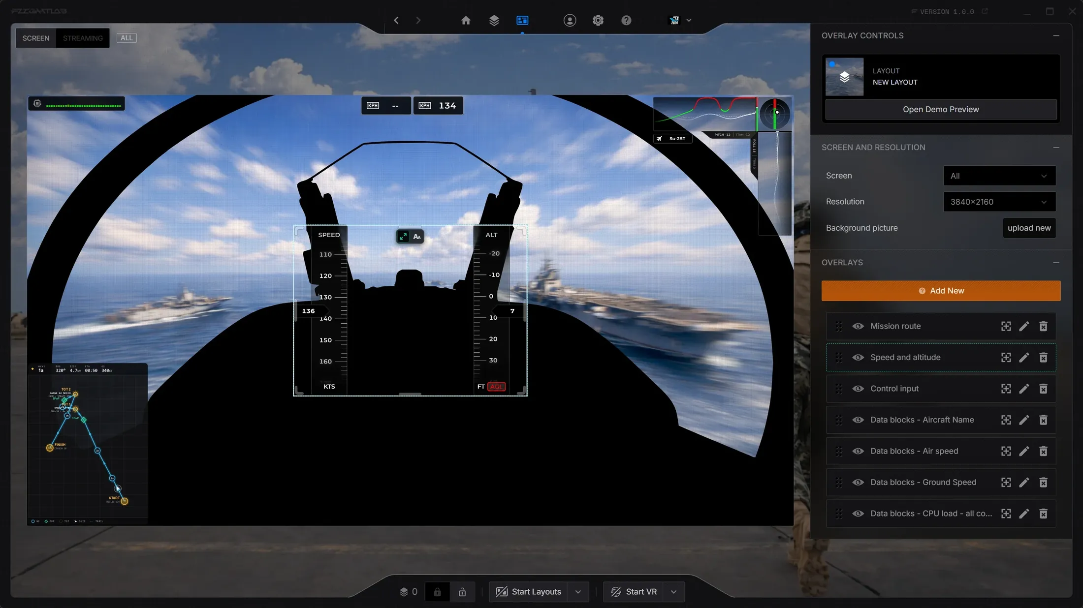 The FlightLab layout editor: overlays placed on a preview of the screen, with the overlay list beside it
