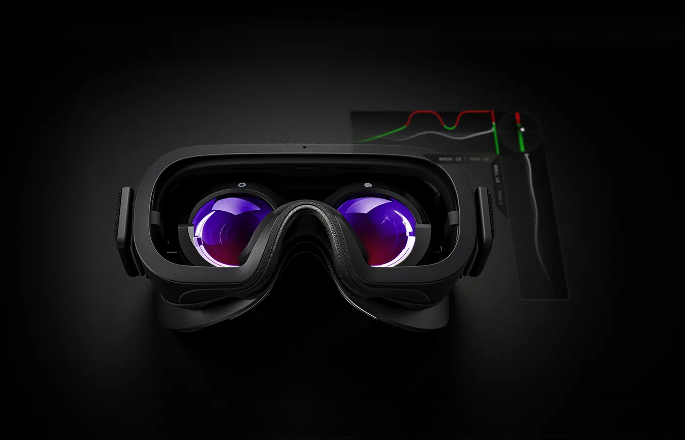 A VR headset with an overlay floating in front of it